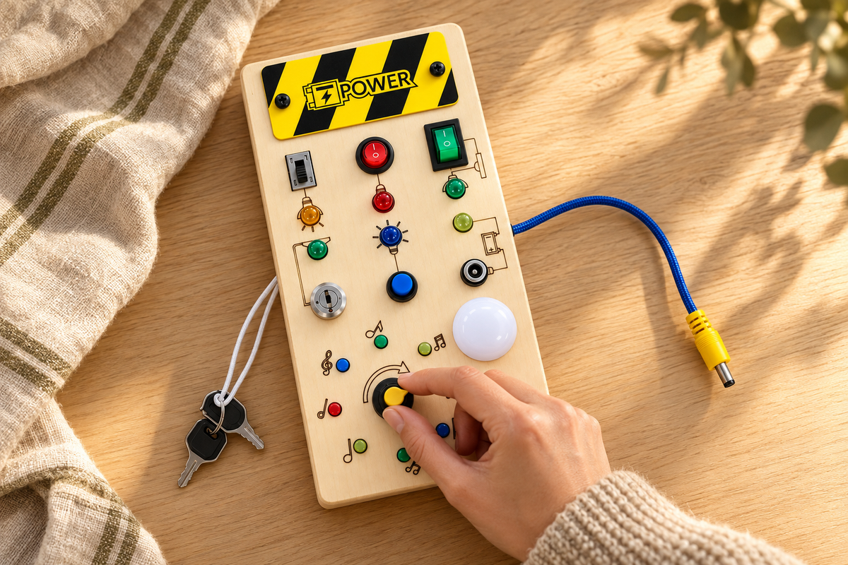 Eine Hand entdeckt den Drehknopf am Busyboard auf einem Holztisch.